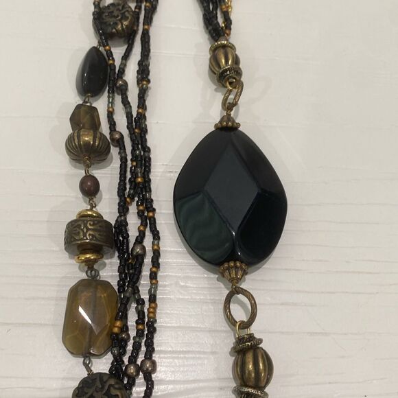 Coldwater Creek 5 Strand Asymmetrical Beaded Necklace In Black And Gold Tone - Picture 7 of 10